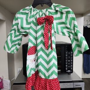Festive Green Chevron Kids Dress with Red Accents